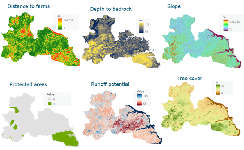 Maps of input indicators of rain water harvesting for irrigation like distance to farms, depth of bedrock, slope, protected areas, runoff potential and tree cover.